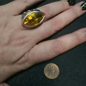 Yellow Brilliant Crystal ring 8.5 silver tone